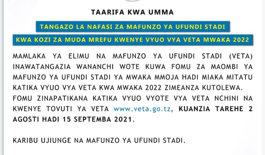 Nafasi Za Mafunzo Ya Ufundi Stadi 2024/2025 Vyuo Vya VETA Tanzania