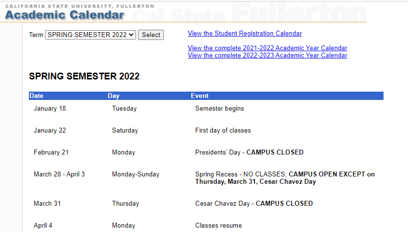 Csuf Academic Calendar