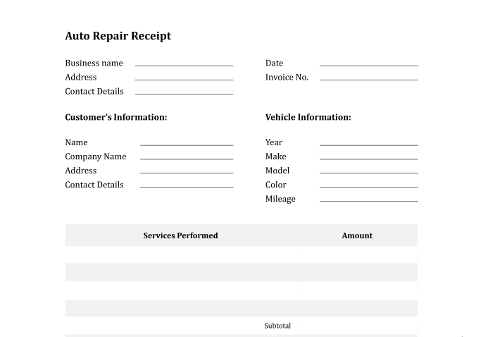 Auto Repair Receipt Template