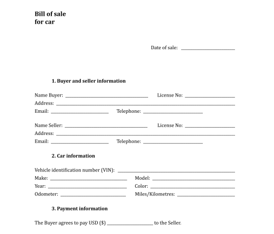 Bill Of Sale For Car Template Pdf Free Download