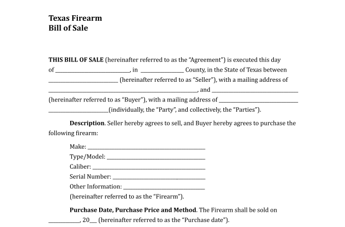 Bill Of Sale For Firearm For Texas Template