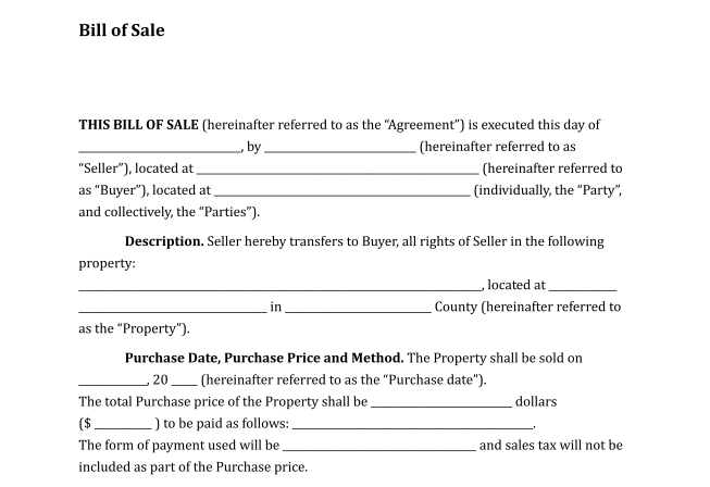 Bill Of Sale For Texas Template