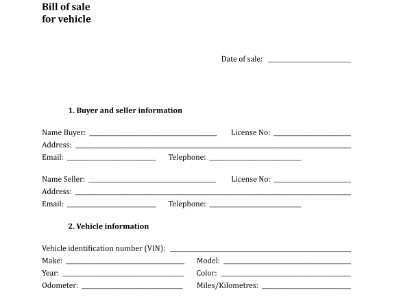 Bill Of Sale For Vehicle Template