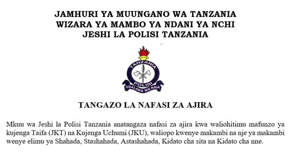 Nafasi Za Kazi Jeshi La Polisi 2023/2024 Tanzania